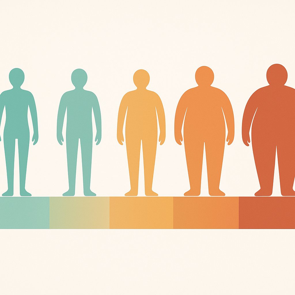 Scale with measuring tape and BMI color chart showing healthy to overweight ranges