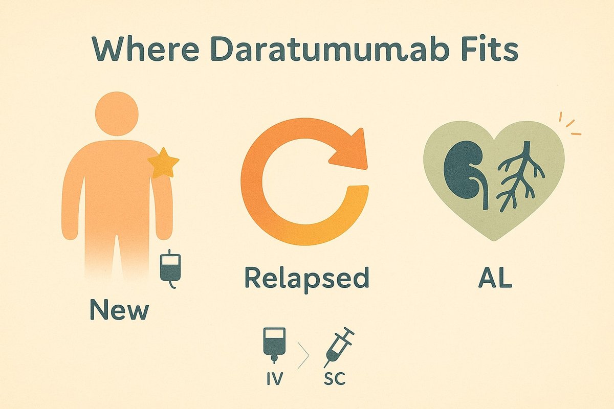 Minimal infographic of Daratumumab (anti-CD38): antibody targeting a myeloma cell; evidence badges “OS+”, “PFS+”, “Phase 3”; IV/SC dosing and safety icons.