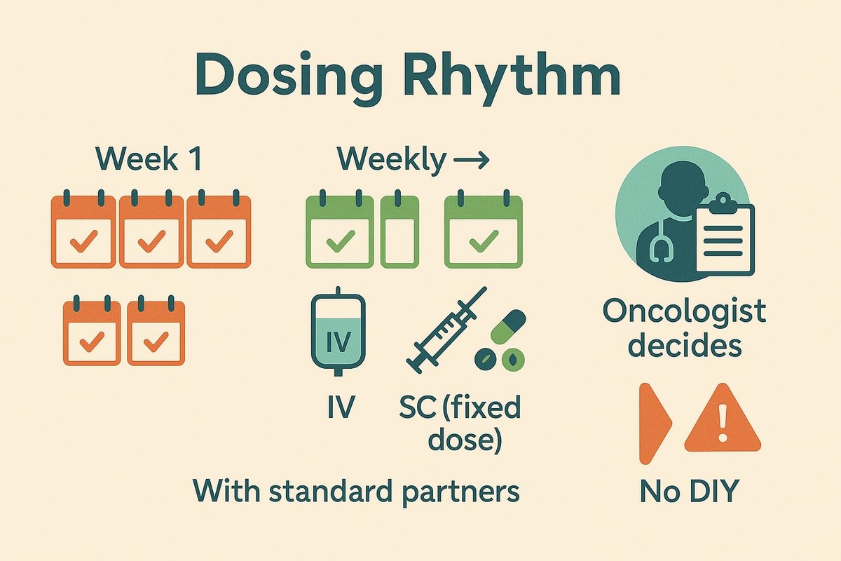 Infographic showing daratumumab dosing: starts weekly, then spaces to every 2–4 weeks; given IV or fixed-dose subcutaneous with standard partner drugs; schedule set by oncologist—no DIY.
