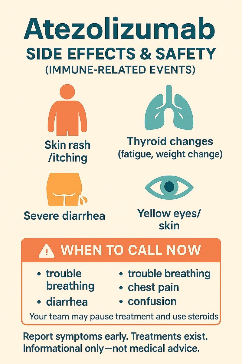 Infographic on atezolizumab safety: common immune-related side effects—skin rash/itching, thyroid changes (fatigue/weight change), severe diarrhea, yellow eyes/skin—with a “call now” box for trouble breathing, chest pain, or confusion.